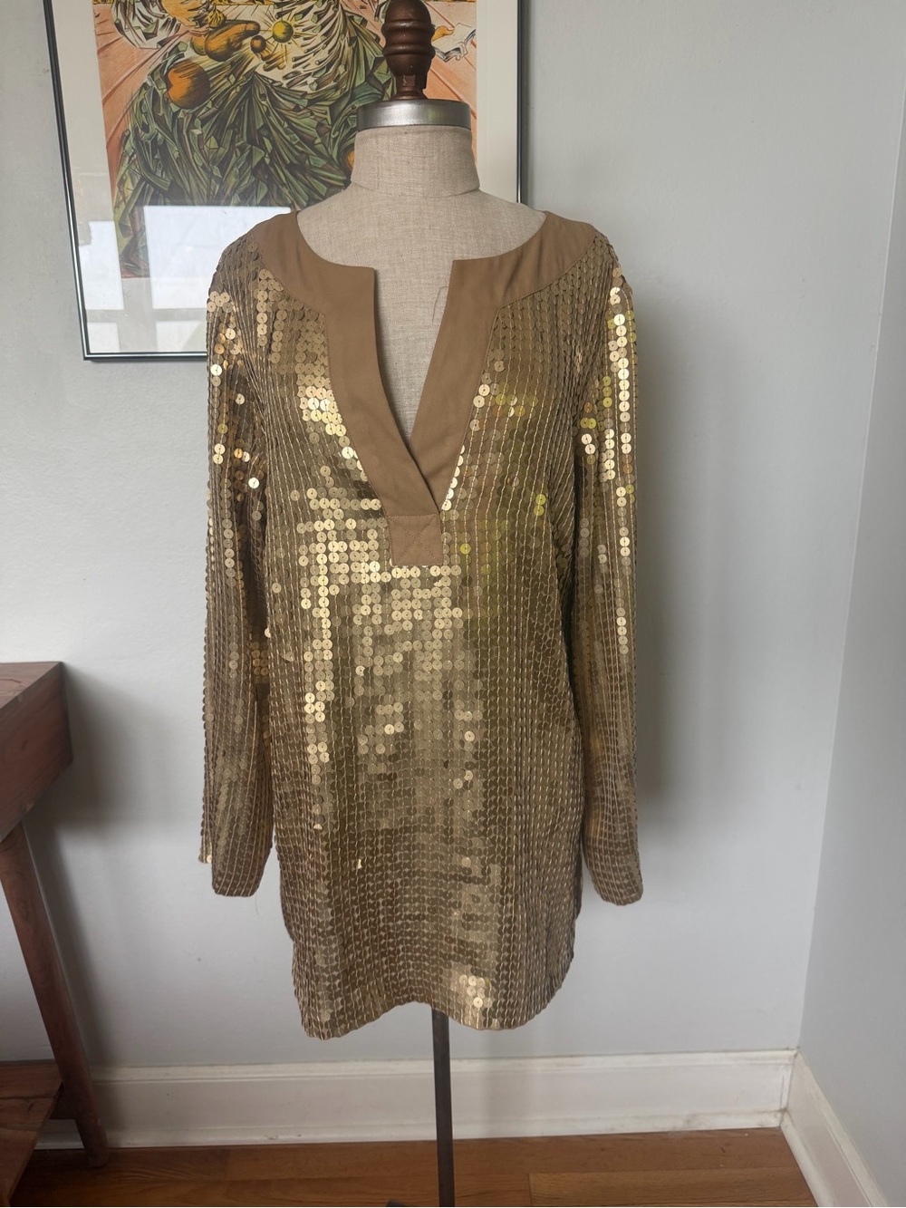 MICHAEL Michael Kors Gold Sequin Long-Sleeve V-Neck Dress
